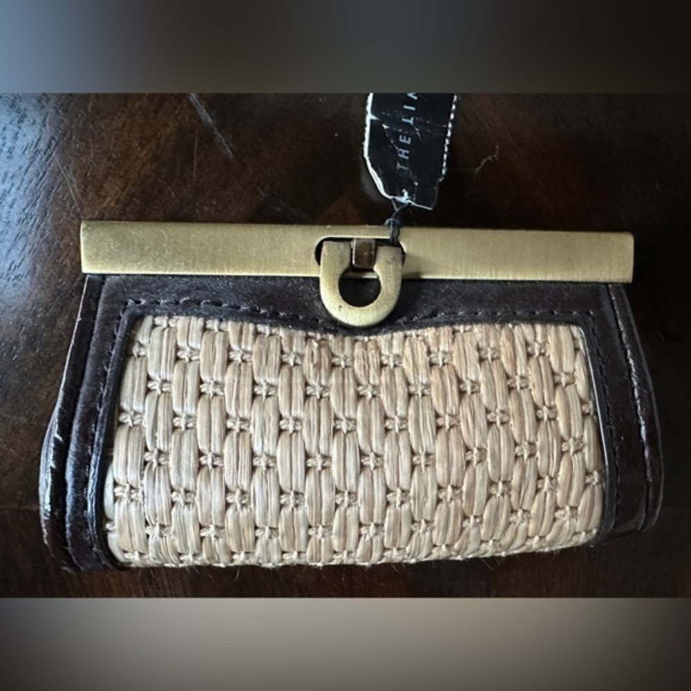 The Limited Tan & Brown Woven Coin Purse with Faux Leather Trim and Bronze Clasp